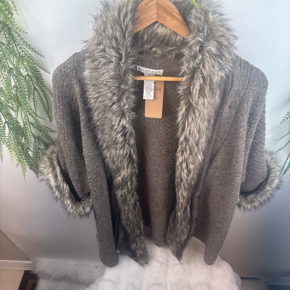 Kenar sweater jacket. Faux fur removable trim . Alpaca/ wool/acrylic. Size Med